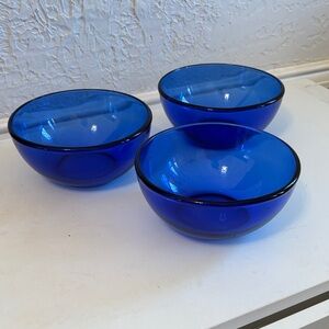 Set of Three Blue Glass Bowls Vintage